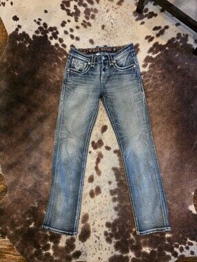 Rock Revival Theo Straight Jeans Men’s 31 Blue Embroidered Fleur De Lis